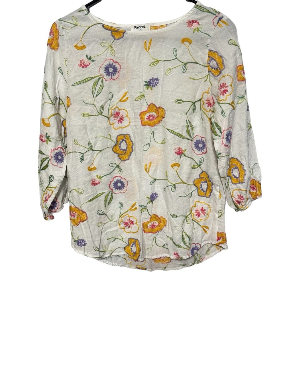 Kindred Soul White Floral Embroidered Blouse - Yellow & Purple Flowers